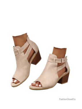 Chunky Heel Peep Toe Ankle Booties with Cutout Back, Zipper Closure, Suede
